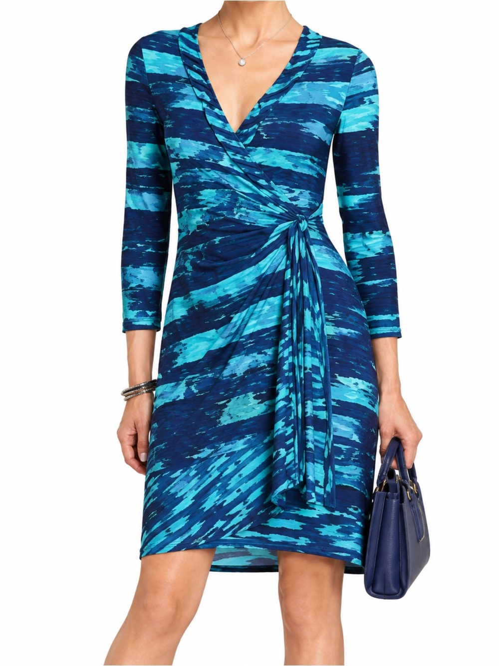 BCBGMaxAzria Wrap Dress | Size Large | Abstract Print | Midi | Blue Teal